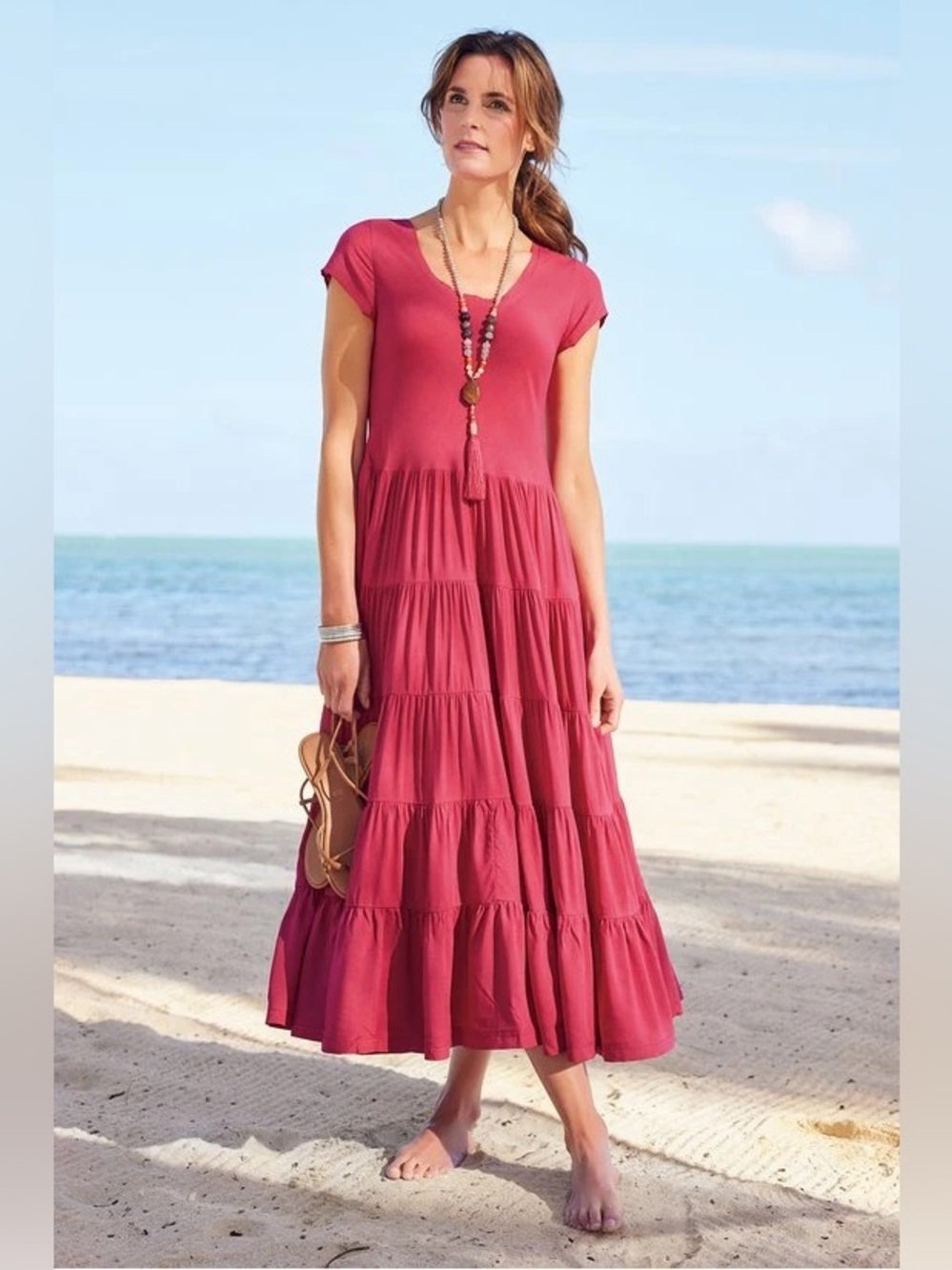 Soft Surroundings Kara Dress Malaga Pink Tiered Midi Maxi Dress NWT M